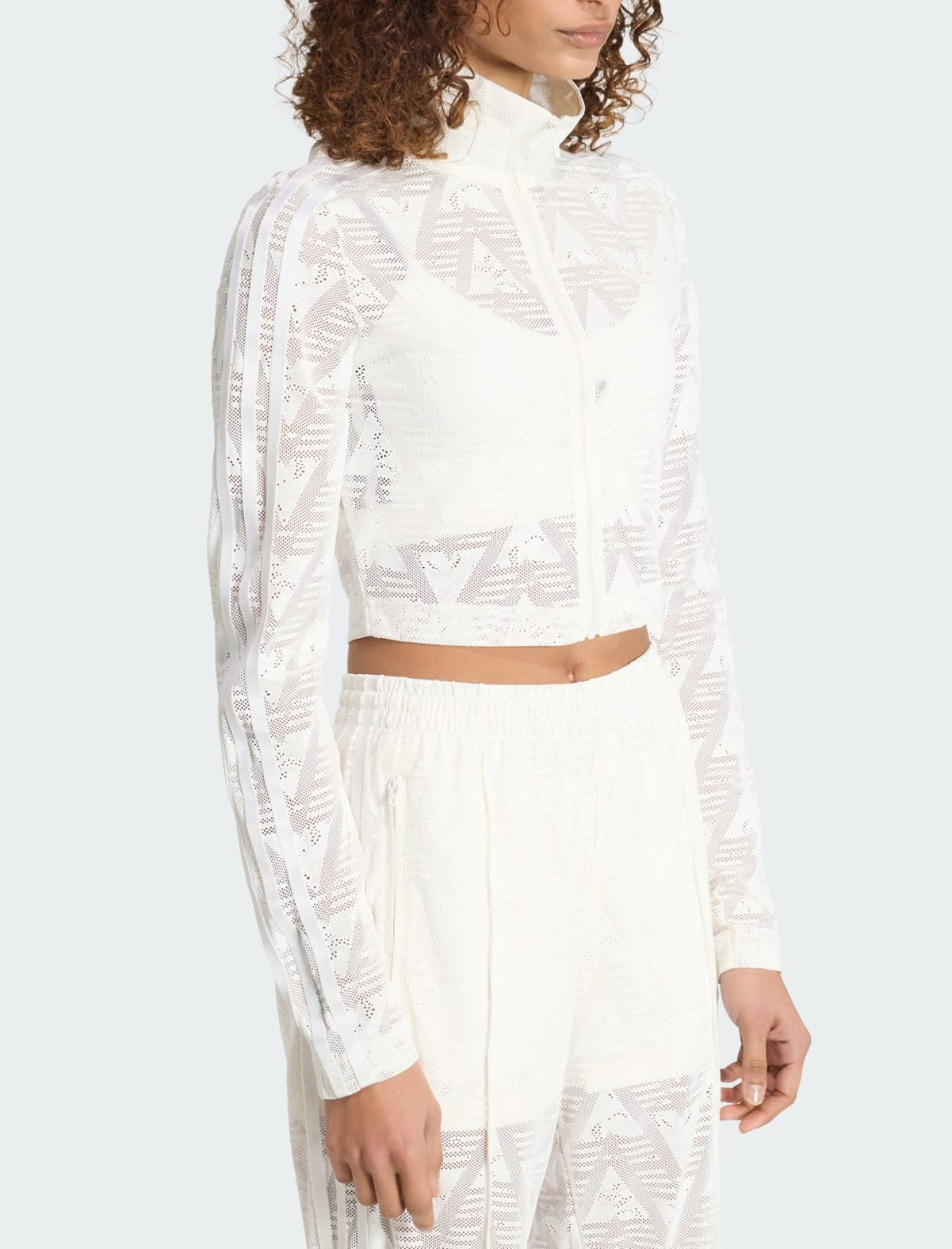 Adidas Firebird KE3451 top da allenamento donna cloud white, pizzo tricot con zip e collo alto, vestibilità aderente