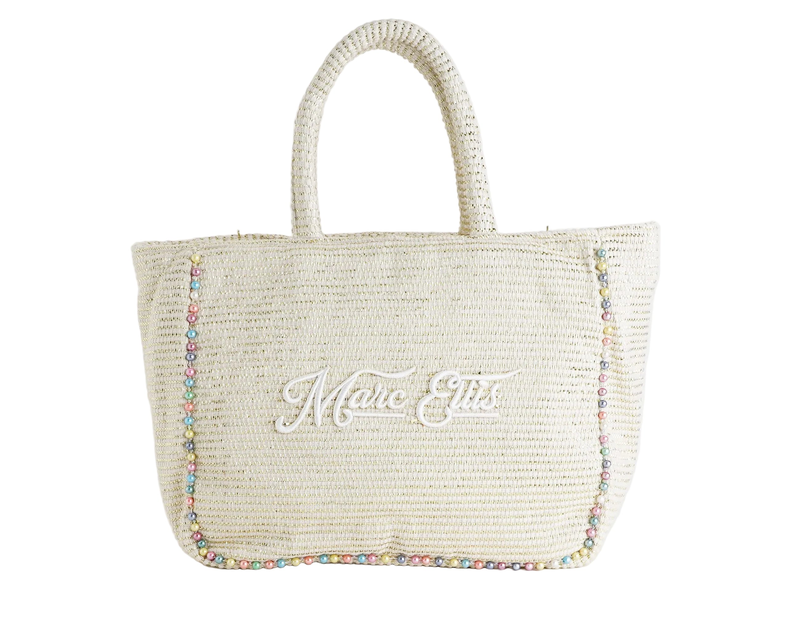 Shopping Bag Marc Ellis Buby L Indy 26 Variant 02 – vista frontale, tessuto in cotone intrecciato con perline multicolore e scritta logata ricamata
