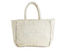 Shopping Bag Marc Ellis Buby L Indy 26 Variant 02 – vista frontale, tessuto in cotone intrecciato con perline multicolore e scritta logata ricamata
