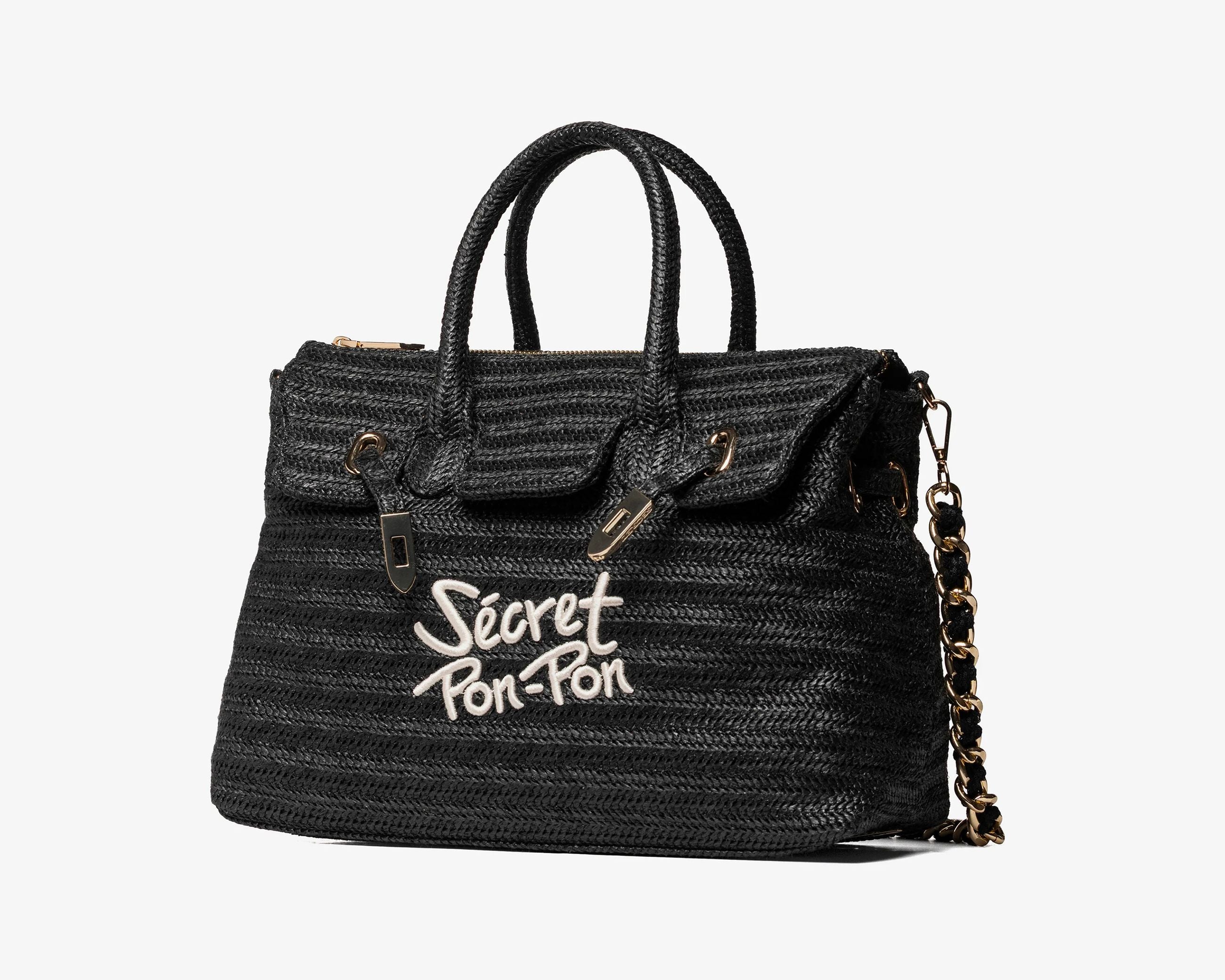 Borsa a spalla Sécret Pon-Pon Victoria M Straw Black Donna – tracolla rimovibile, chiusura zip, H.27xL.34xP.13 cm
