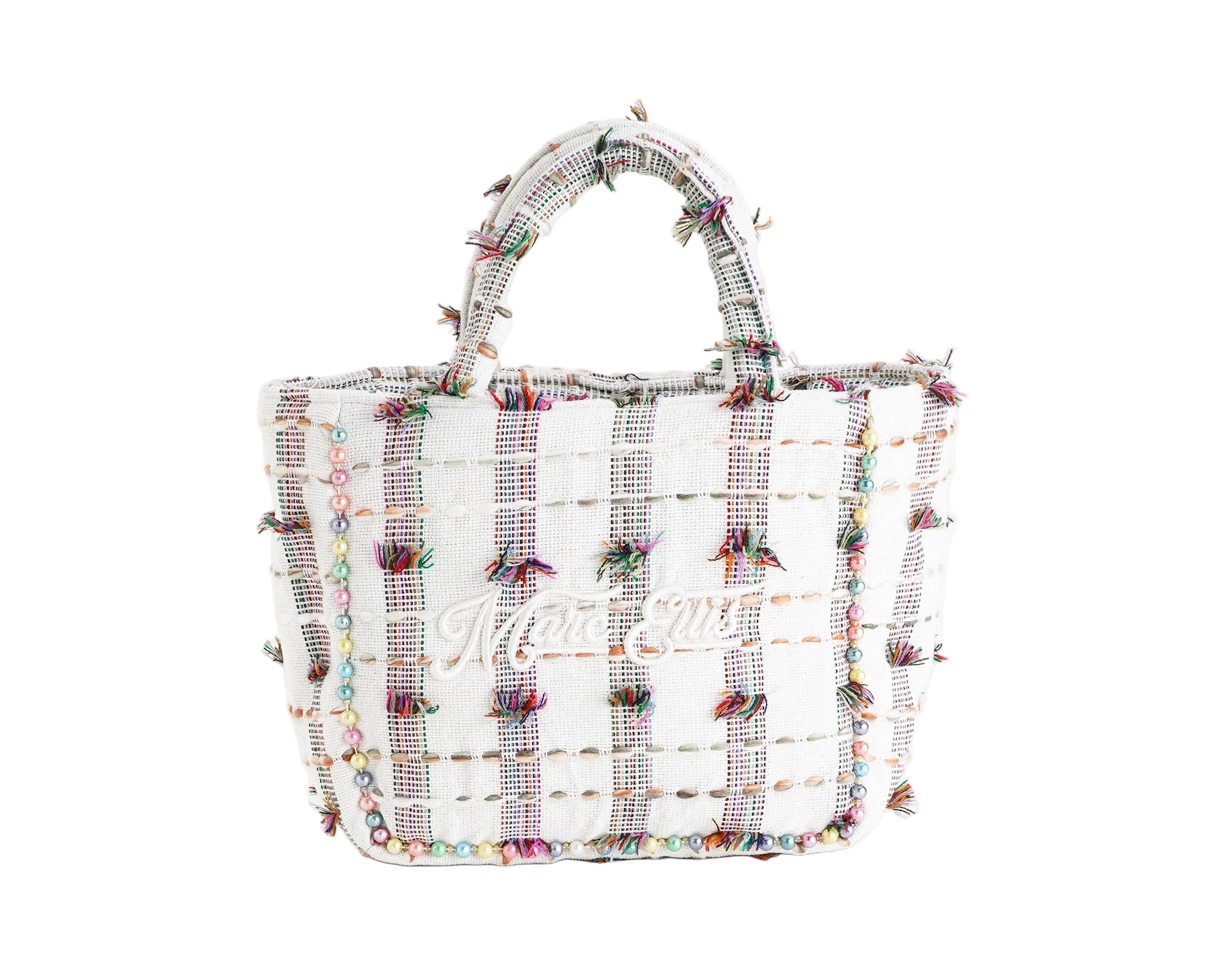 Borsa a mano Marc Ellis Buby S Indy 26 Donna Variant 10 – vista frontale, trama in cotone intrecciato con perline multicolore e scritta logata ricamata

