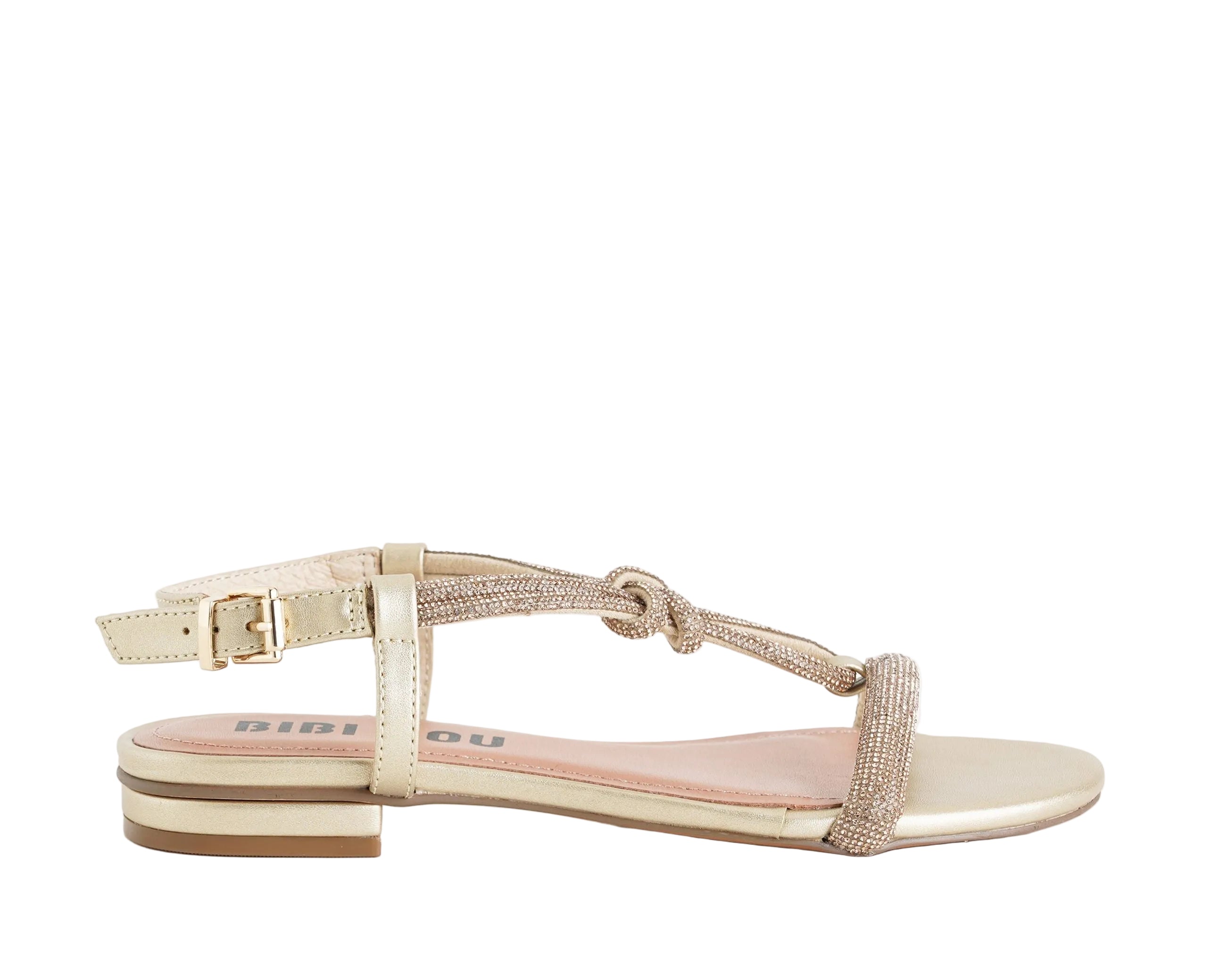 Sandalo basso Bibi Lou Myna 956Z00HG oro da donna, tomaia in tessuto con strass e similpelle
