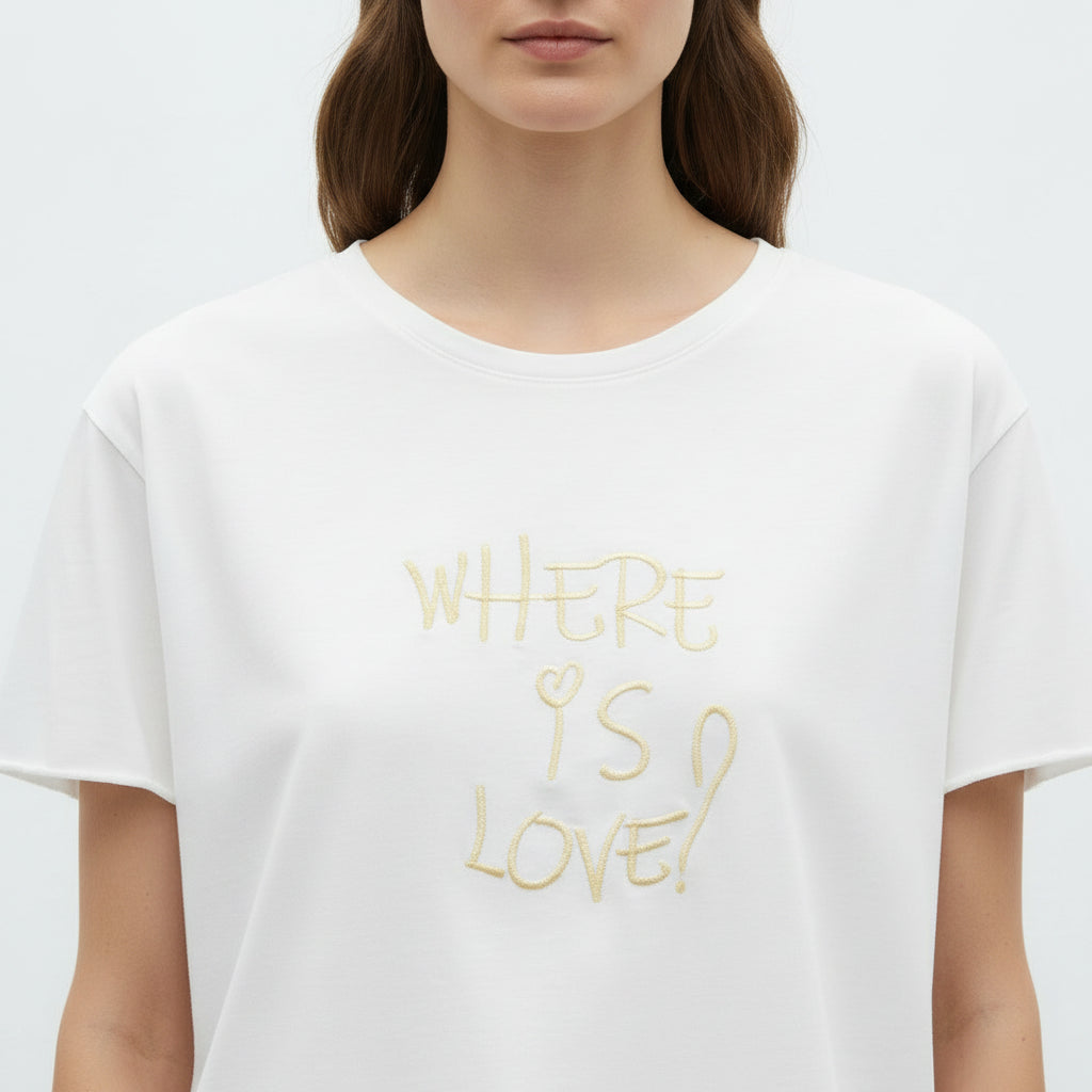 RAB0277 VICOLO T-shirt donna ricamo WHERE IS LOVE colore Bianco