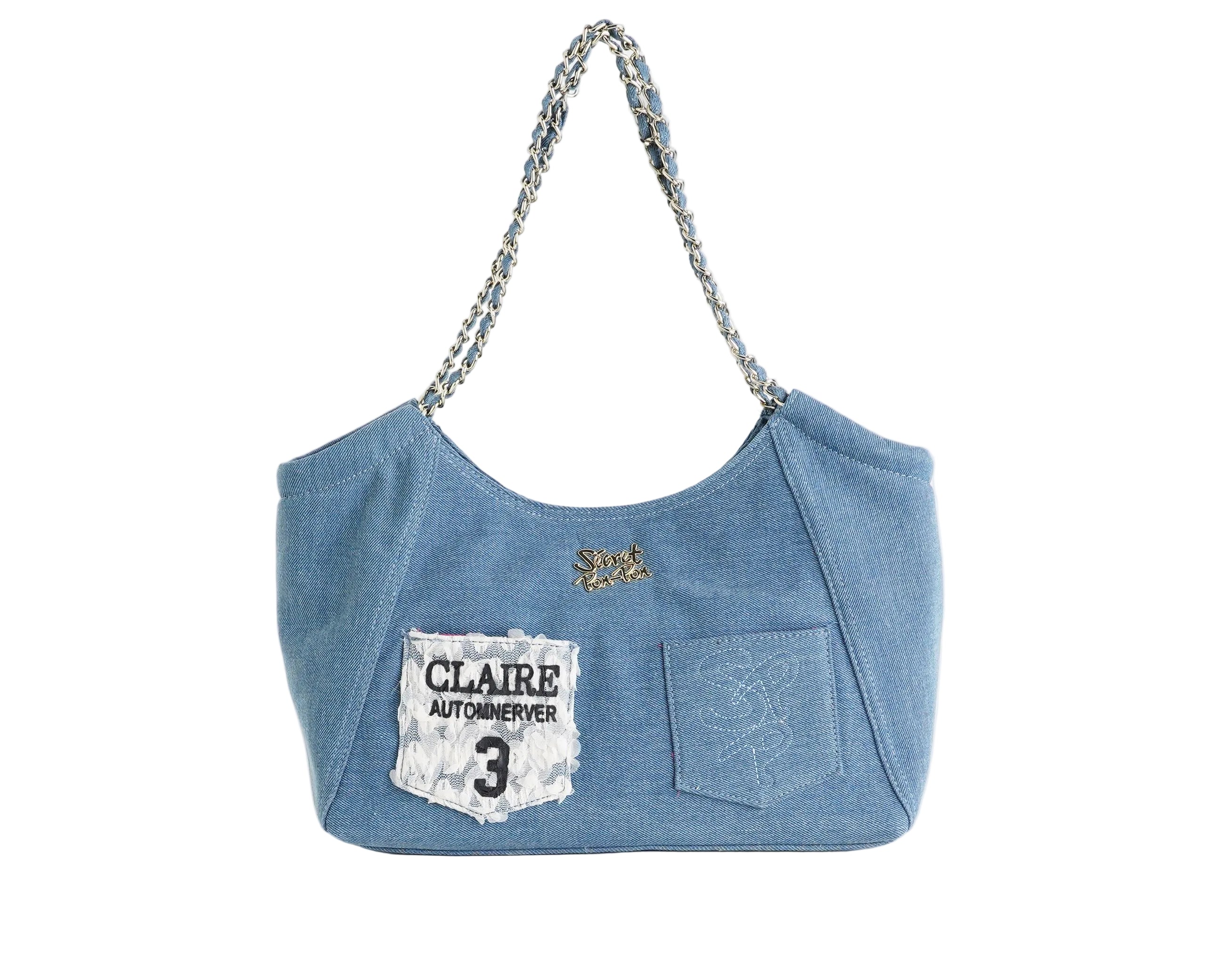 Borsa tote SECRET PON-PON TOTE POCHE DENIM - tracolla regolabile, patch decorativo, donna