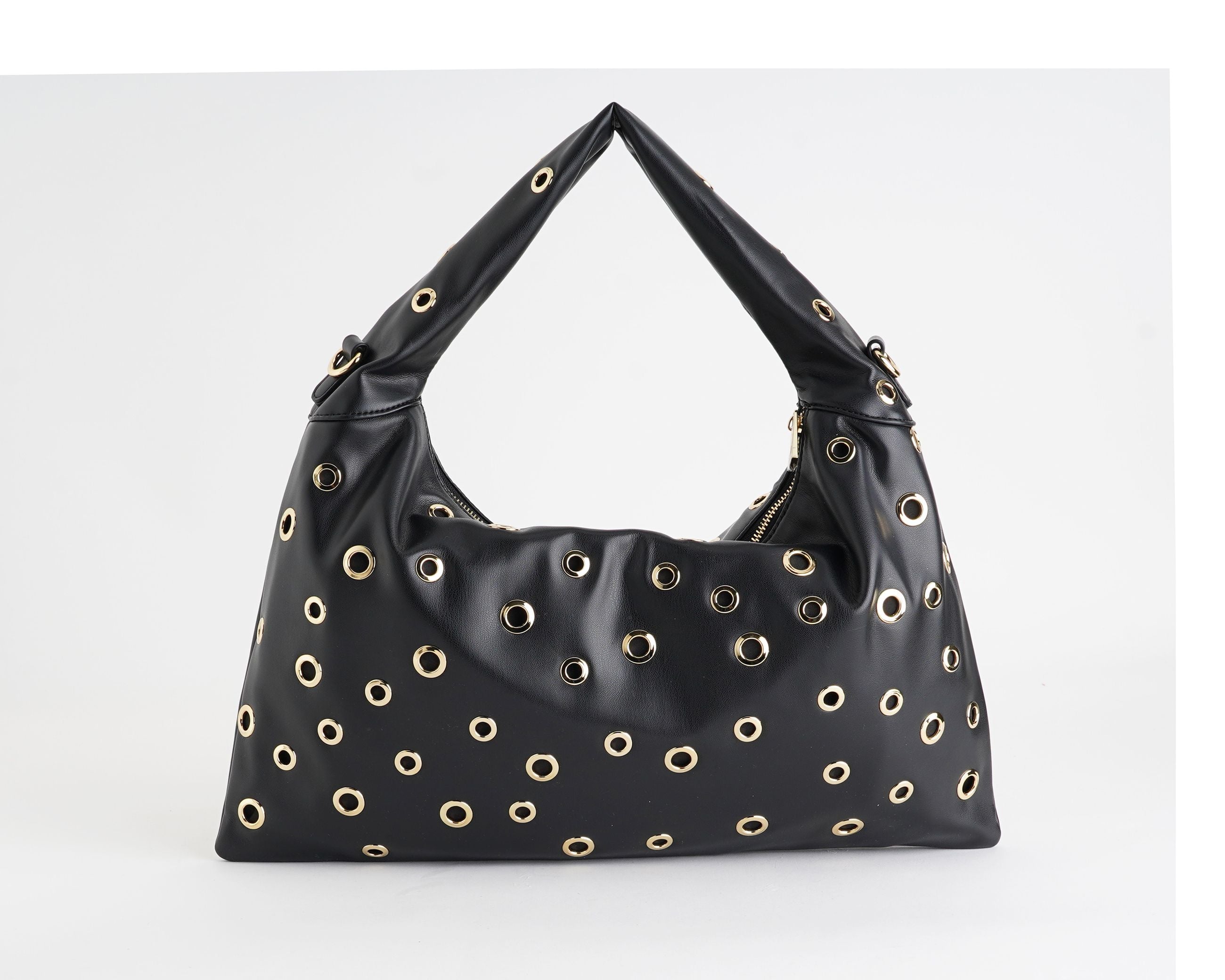 Borsa a spalla Marc Ellis Mariah Studs nera con borchie oro da donna, ecopelle, tracolla rimovibile, 28x44 cm
