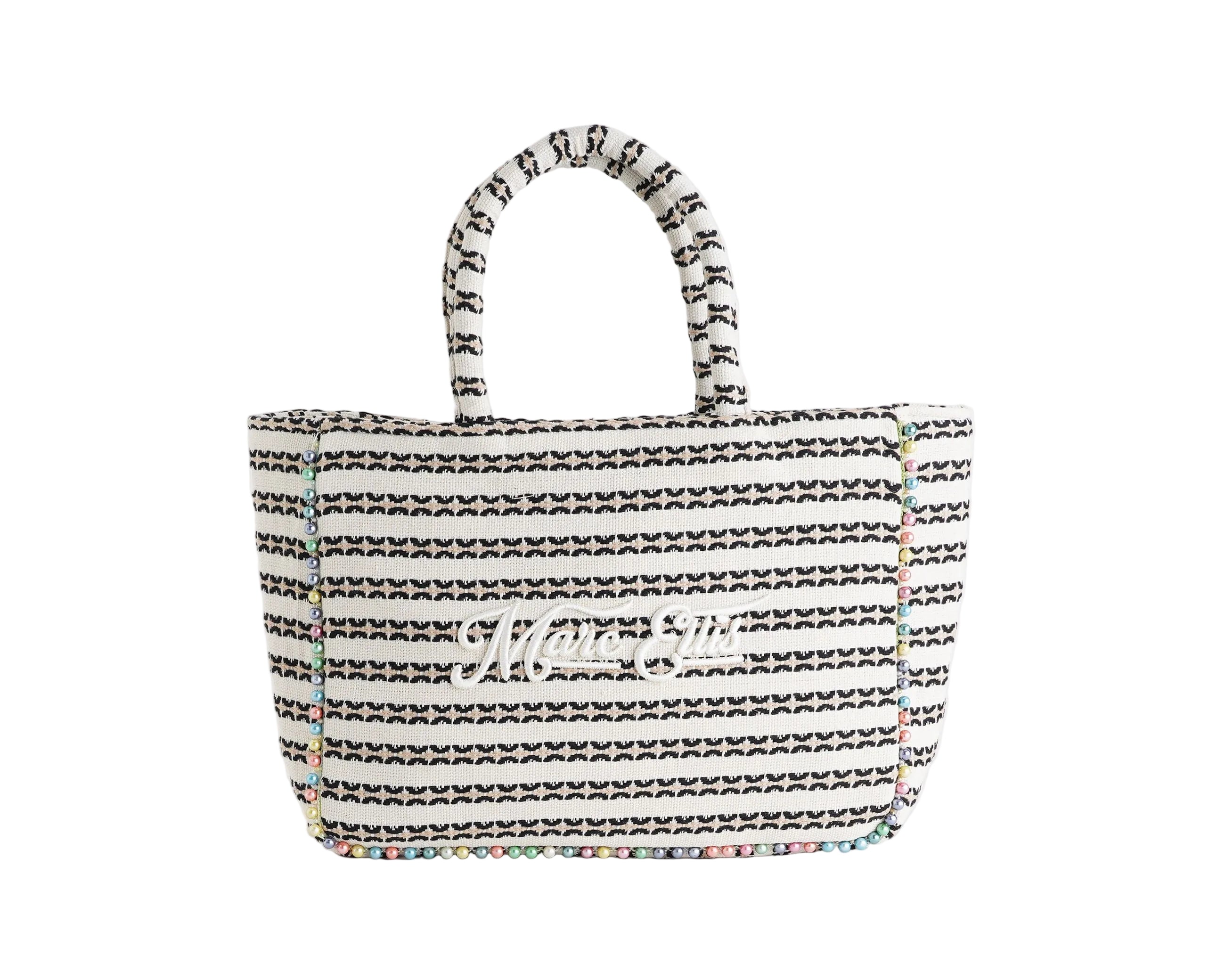 Borsa a spalla Marc Ellis Buby M Indy 26 Variant 01 – vista frontale, trama in cotone intrecciato con perline multicolore e scritta logata ricamata
