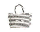 Borsa a spalla Marc Ellis Buby M Indy 26 Variant 01 – vista frontale, trama in cotone intrecciato con perline multicolore e scritta logata ricamata
