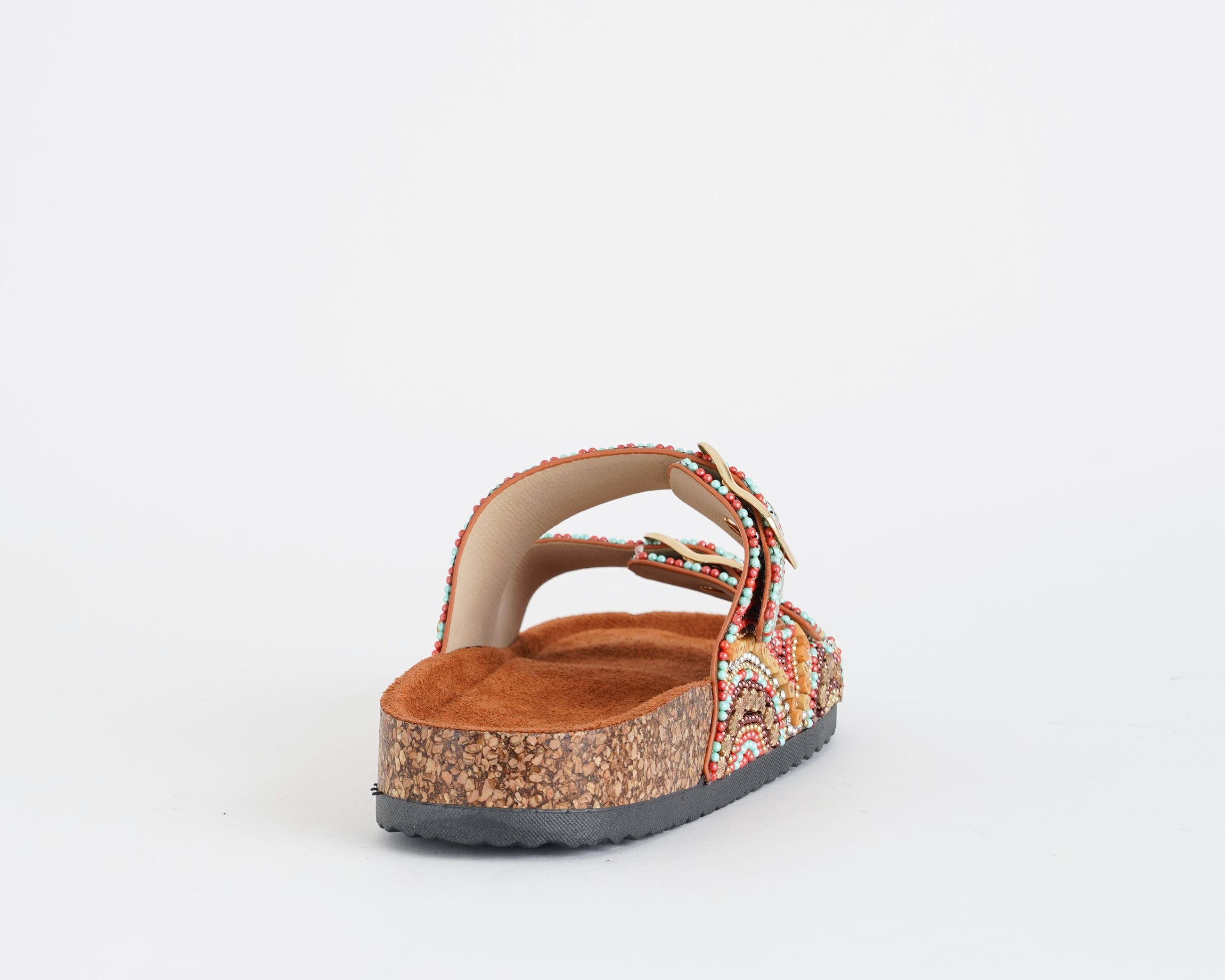 Sandalo basso donna EXE 230750-2 Tan Turchese con fibbie decorate da perline e strass
