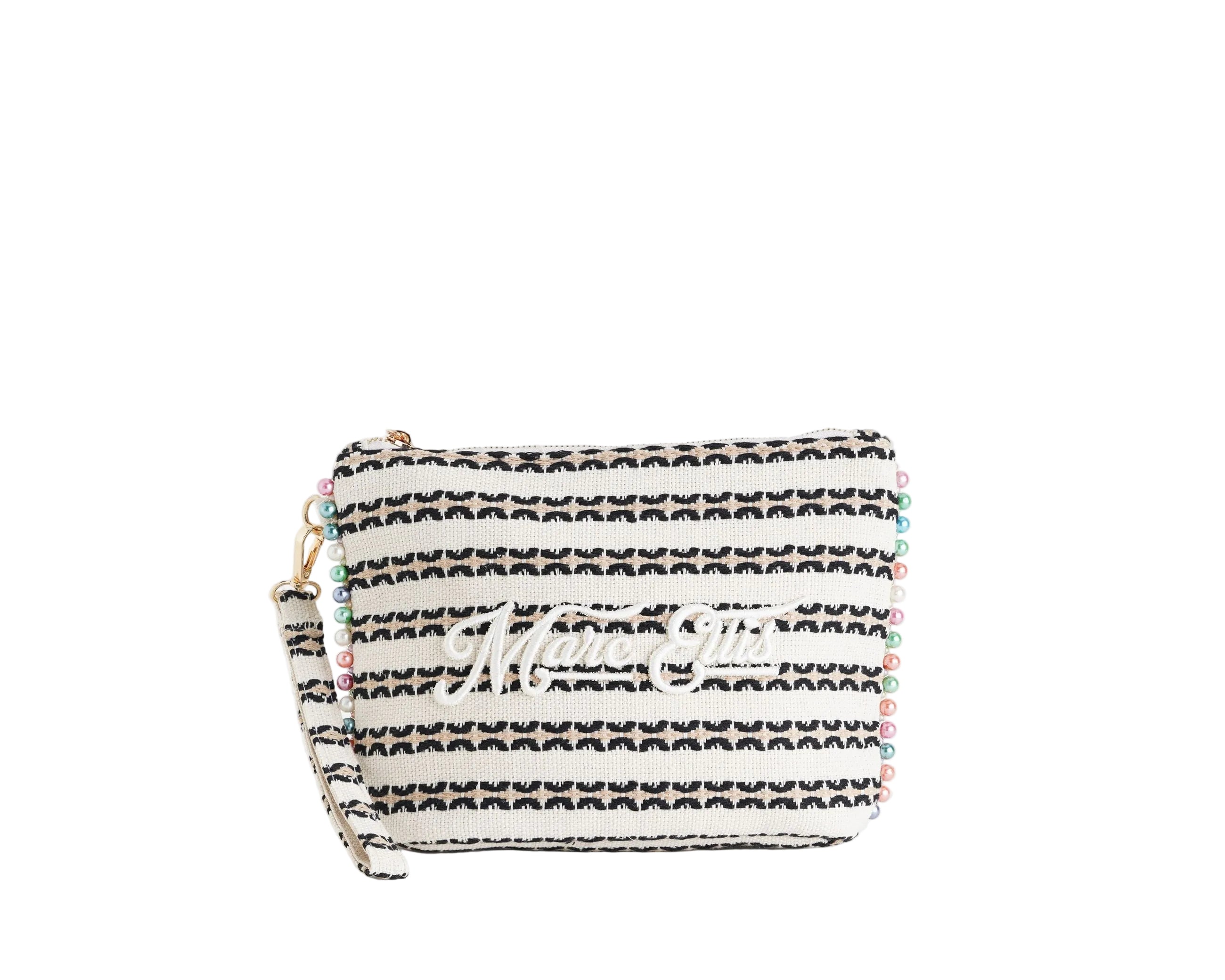 Pochette Marc Ellis Cassy Indy 26 Donna Variant 01 – vista frontale, trama intrecciata in tela misto cotone con dettagli in lurex, perline multicolore e scritta logata ricamata
