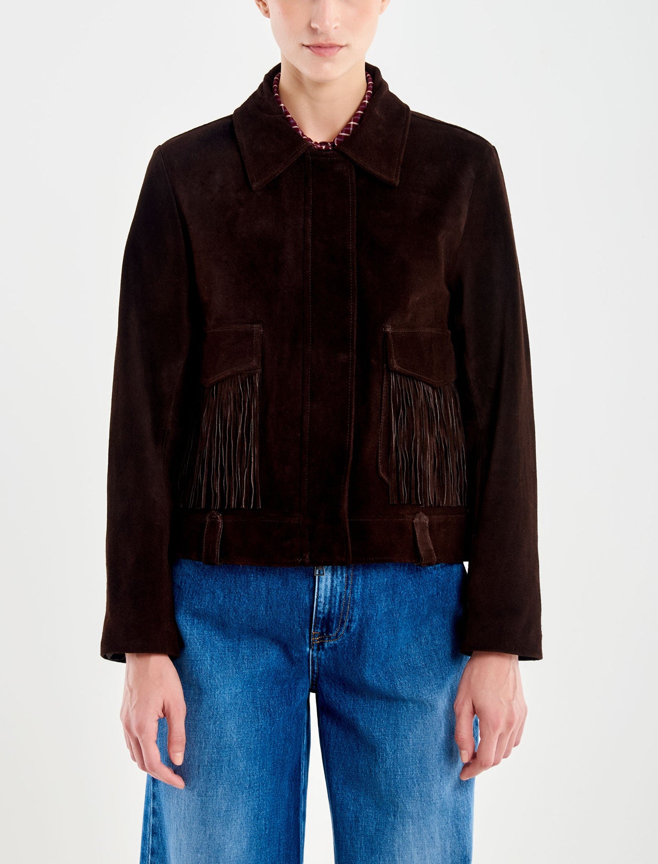 Giacca in vera pelle con frange VICOLO TF0328 Testa di moro Donna