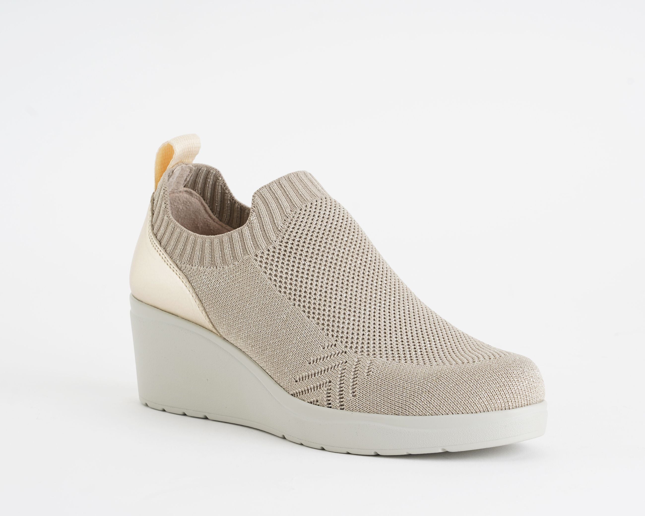 Sneakers slip-on Melluso K53013Q canvas beige gold zeppa 60mm donna vista semi laterale