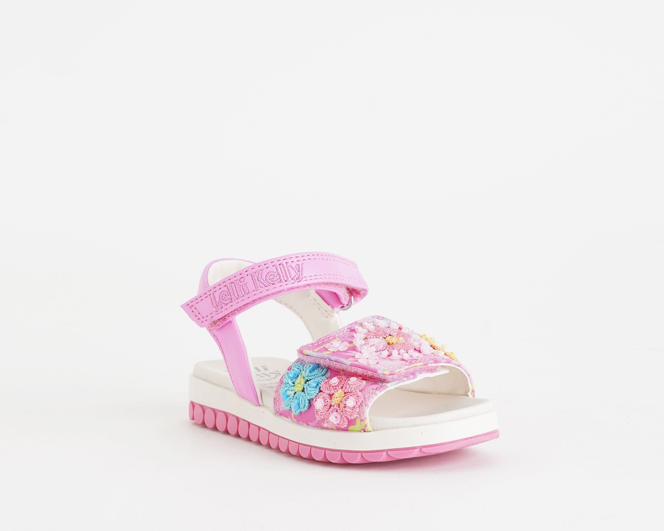 Sandalo Lelli Kelly Eloise bambina fuxia con decorazioni floreali perline e paillettes ricamate
