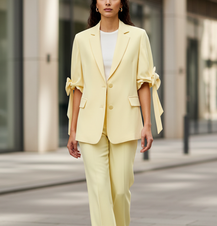 Modella con giacca gialla - contesto urbano