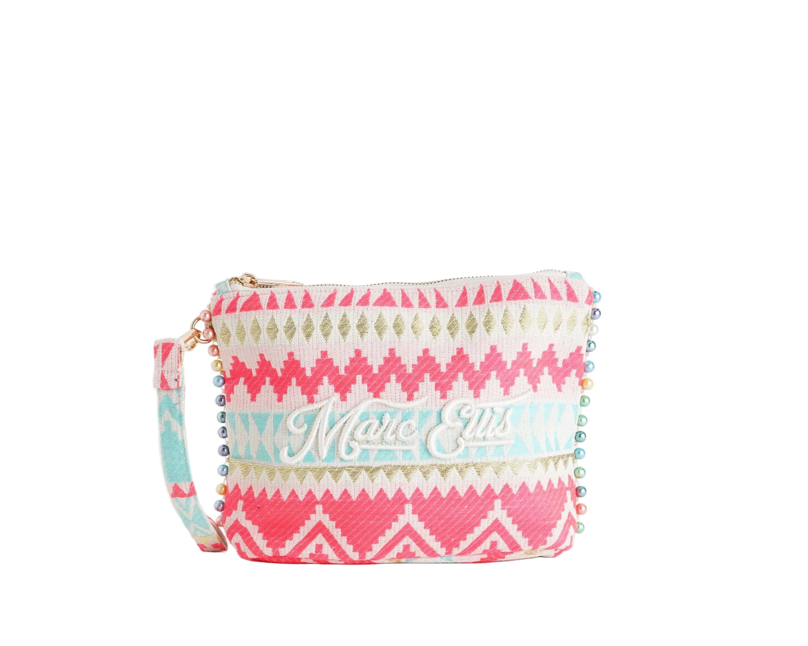 Pochette Marc Ellis Cassy Indy 26 Donna Variant 03 – vista frontale, trama intrecciata in tela misto cotone con dettagli in lurex, perline multicolore e scritta logata ricamata
