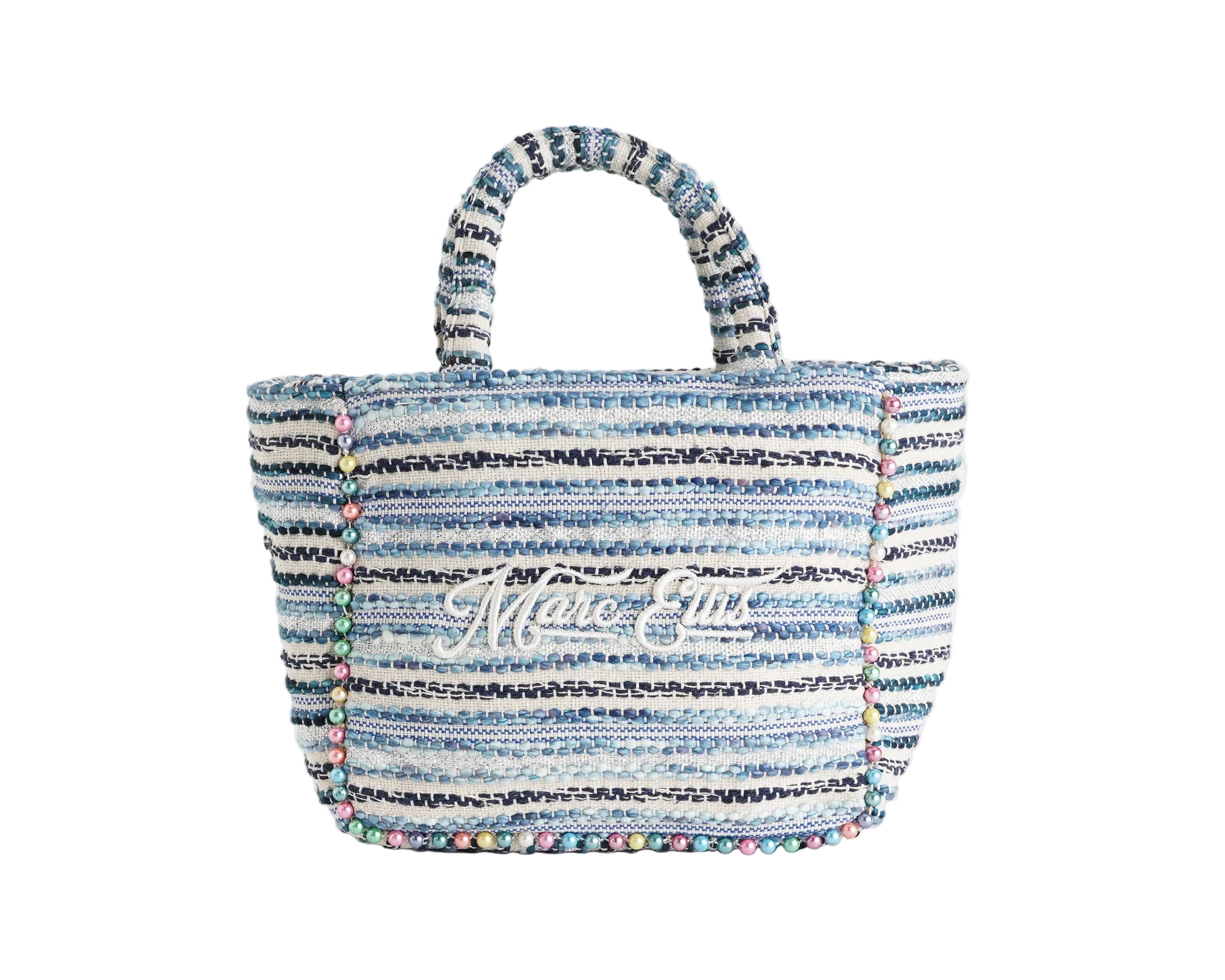 Borsa a mano Marc Ellis Buby S Indy 26 Donna Variant 04 – vista frontale, trama in cotone intrecciato con perline multicolore e scritta logata ricamata
