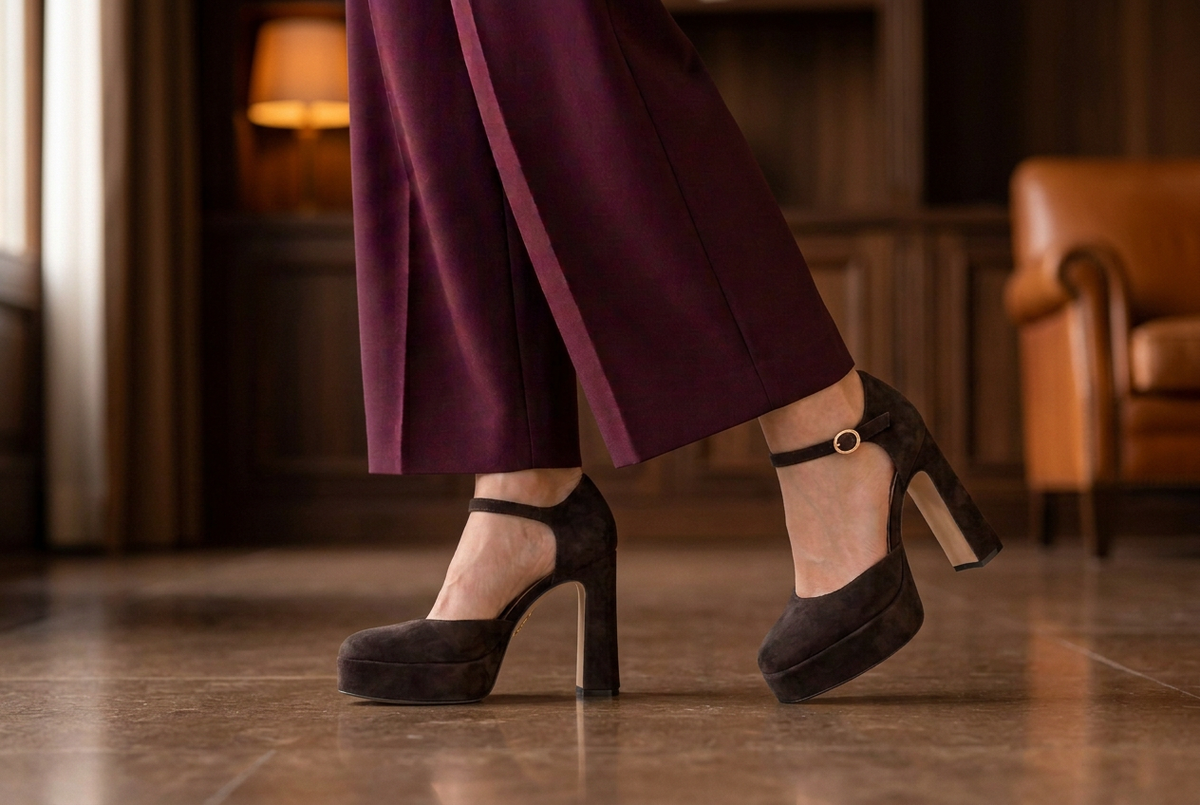 Scarpe con plateau marroni indossate in un ambiente caldo coordinato alla homepage