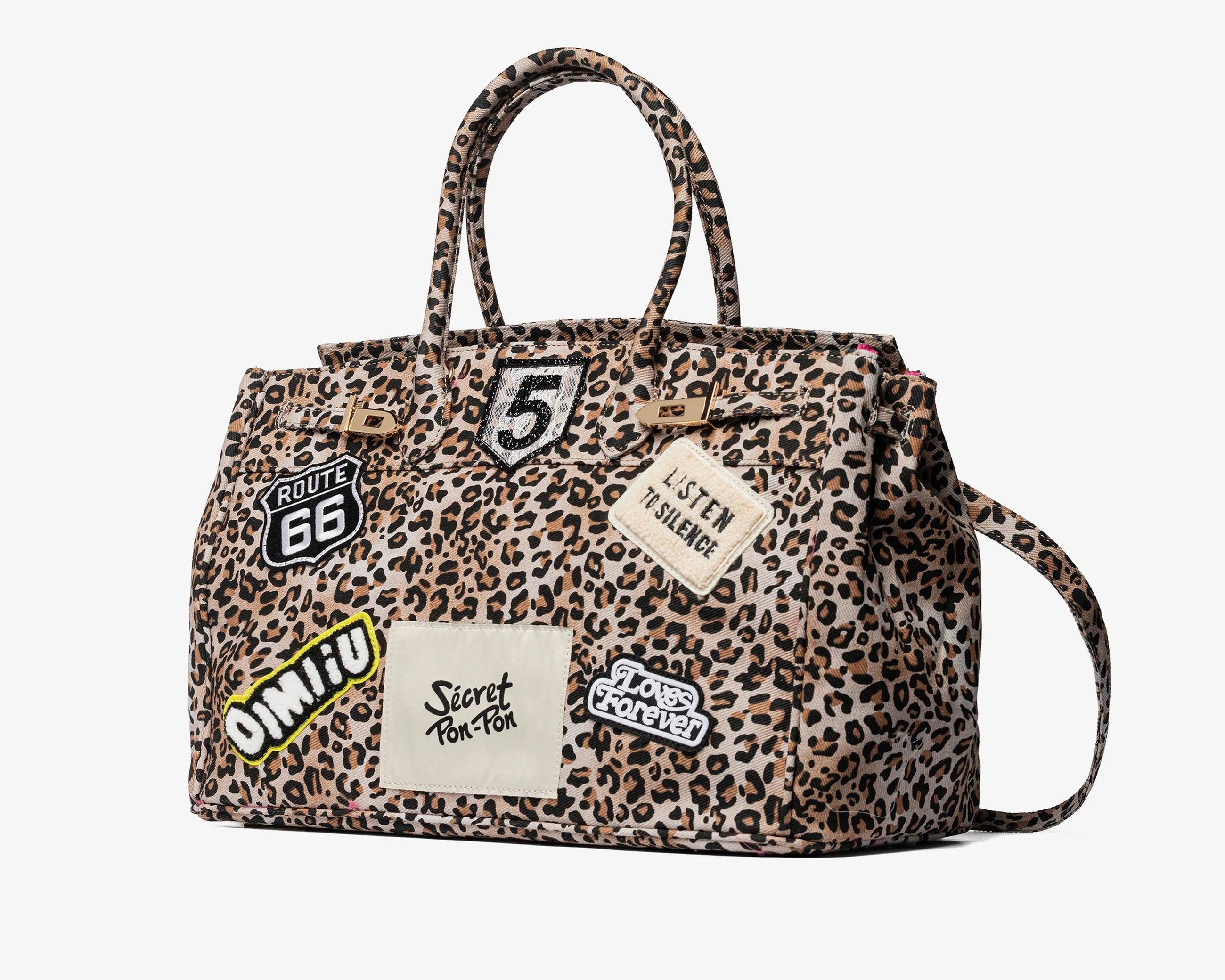 Borsa a spalla Sécret Pon-Pon Grace Canvas L Leopard Donna – tracolla regolabile, chiusura zip, H.35xL.58xP.22 cm
