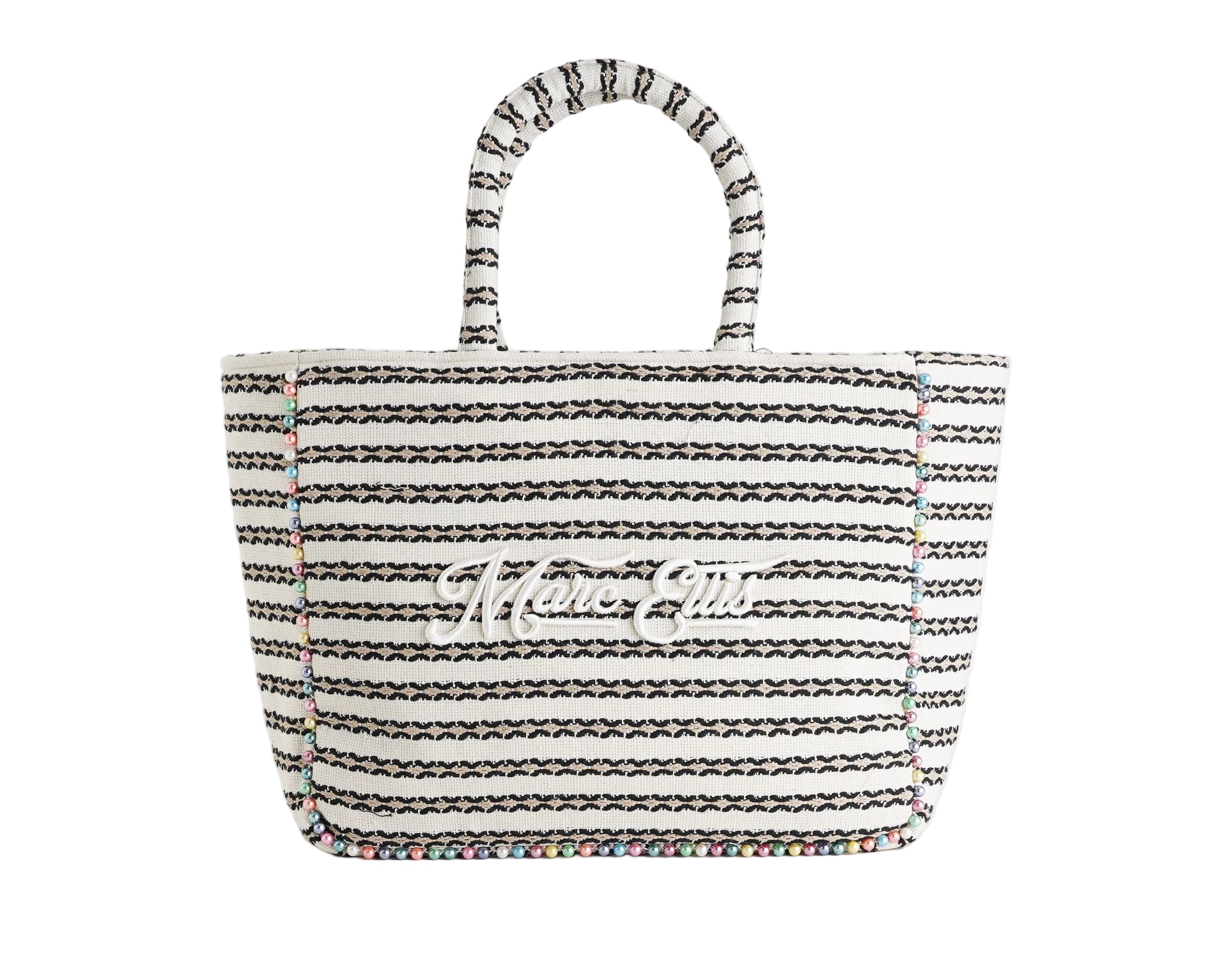 Shopping Bag Marc Ellis Buby L Indy 26 Variant 01 – vista frontale, tessuto in cotone intrecciato con perline multicolore e scritta logata ricamata
