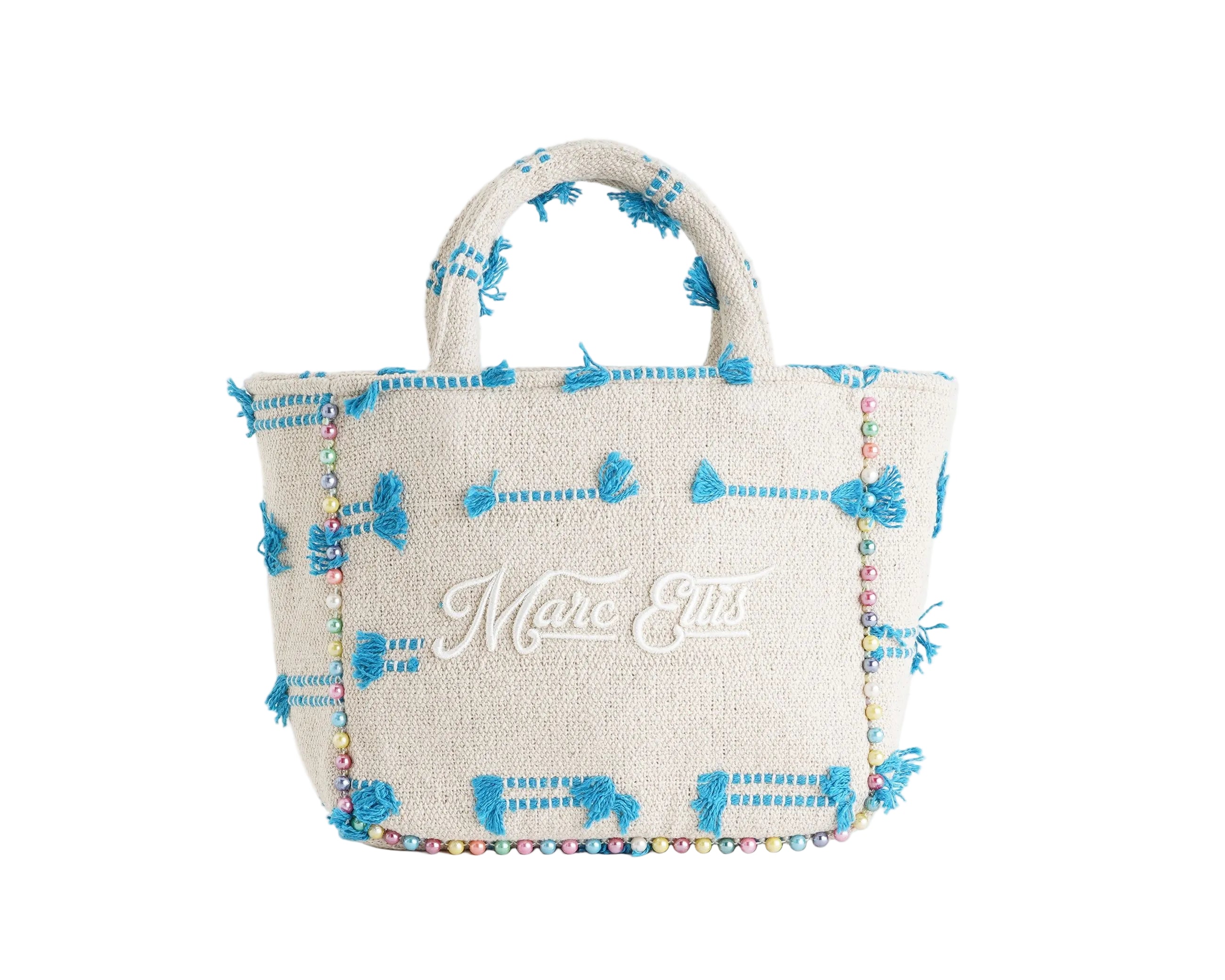 Borsa a mano Marc Ellis Buby S Indy 26 Donna Variant 06 – vista frontale, trama in cotone intrecciato con perline multicolore e scritta logata ricamata
