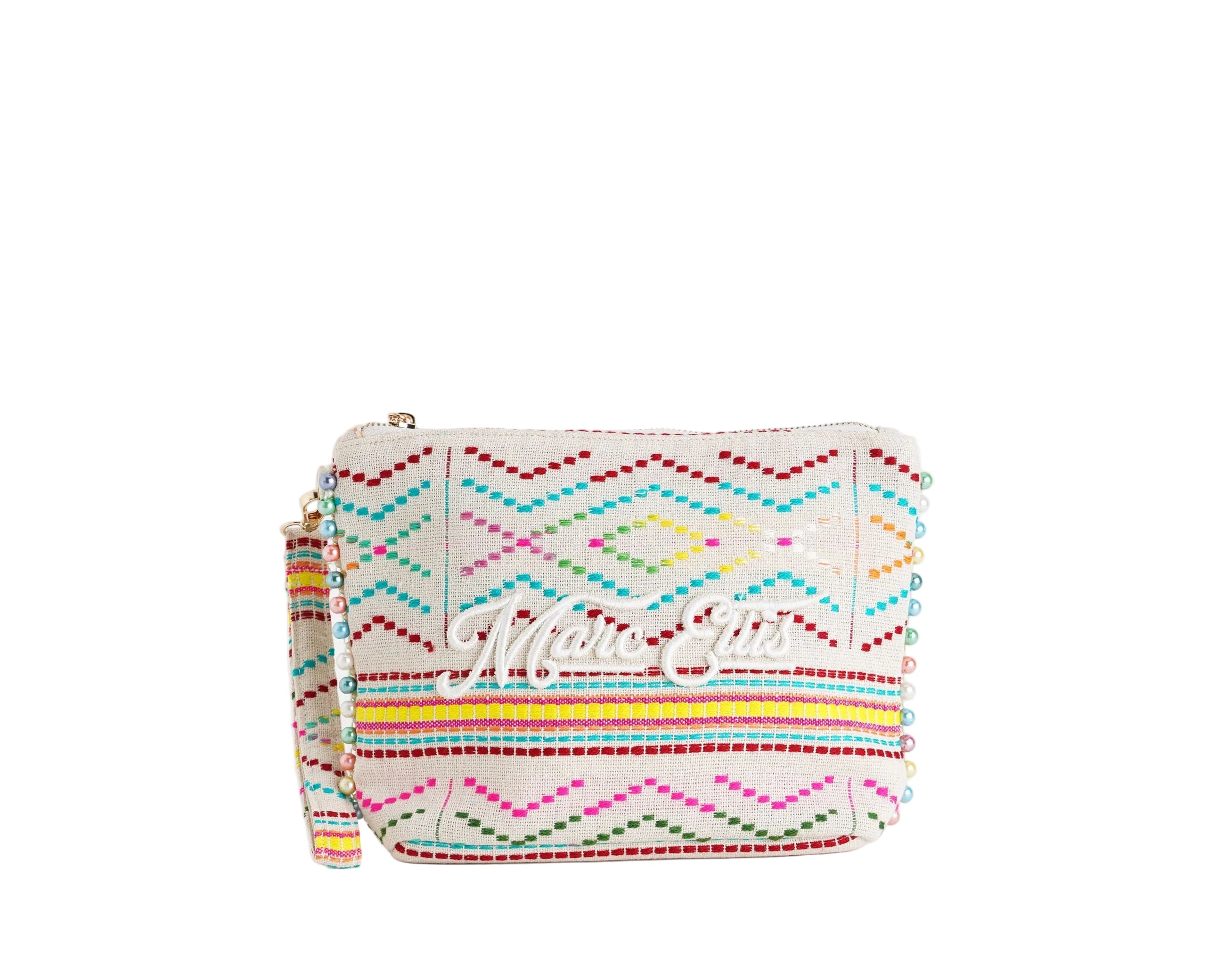 Pochette Marc Ellis Cassy Indy 26 Donna Variant 08 – vista frontale, trama intrecciata in tela misto cotone con dettagli in lurex, perline multicolore e scritta logata ricamata
