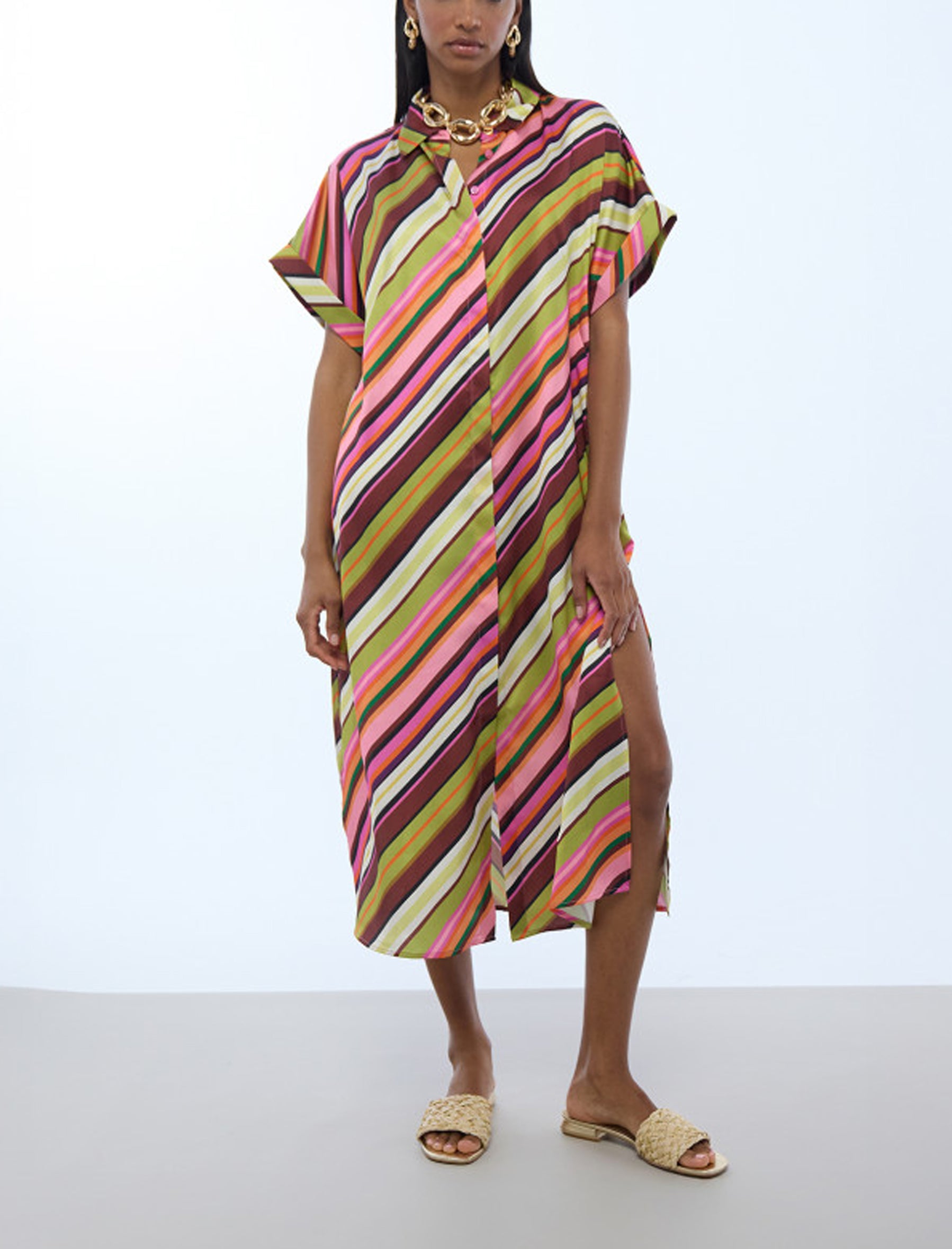 Abito camicia satinato a righe Lola Casademunt LS2616093 Ecru-Multicolor